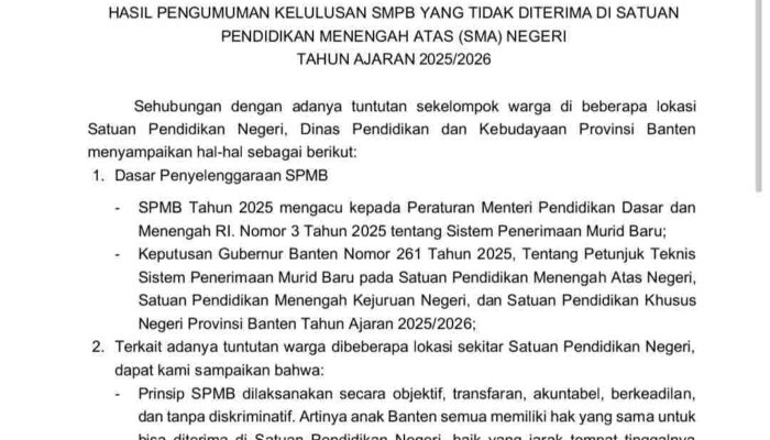 Dindikbud Provinsi Banten Tanggapi Aksi Warga Terkait Hasil Penerimaan Siswa Baru SMA Negeri 2025/2026